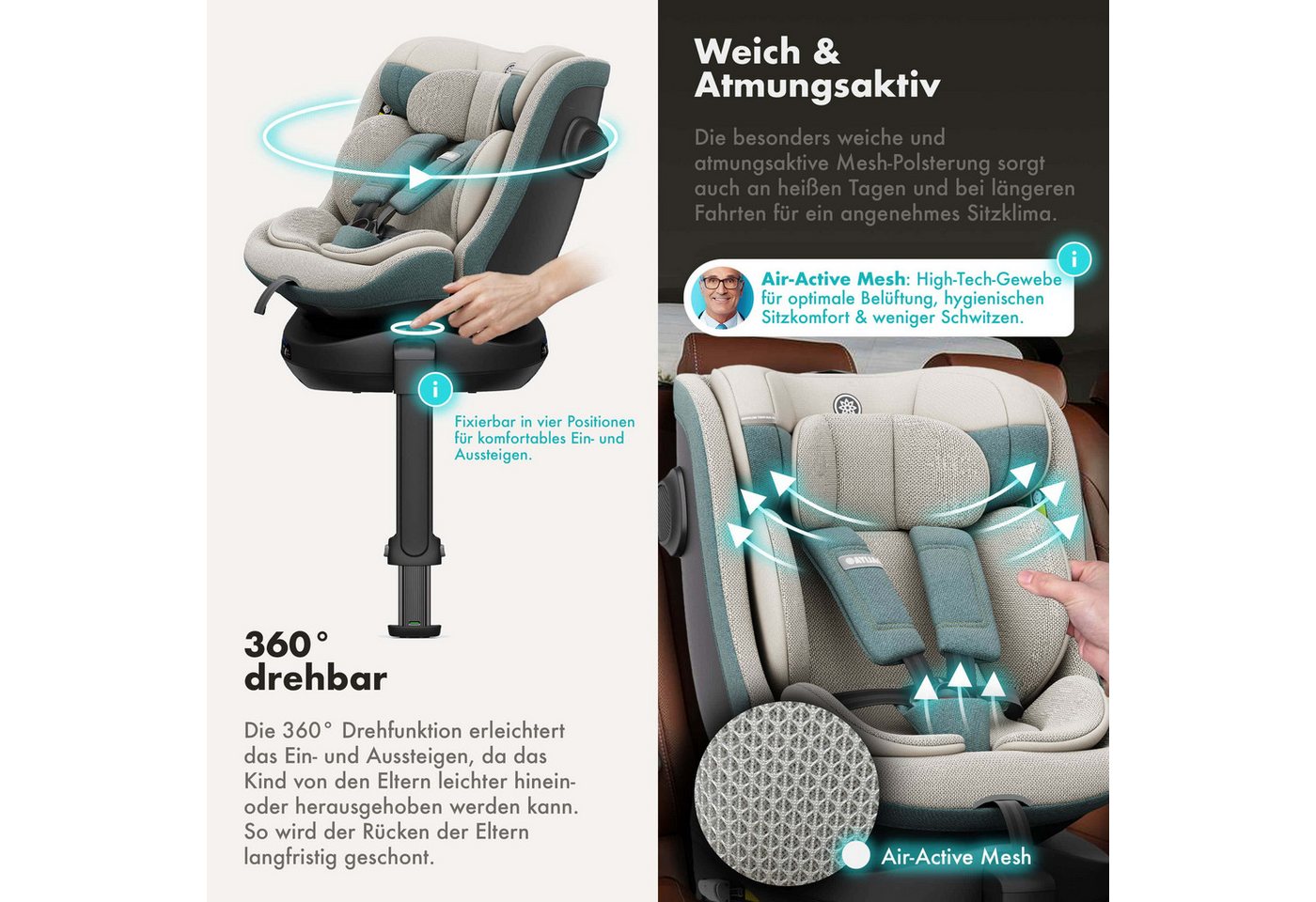 Daliya® Autokindersitz BRAVO i-Size Auto-Kindersitz, 360° drehbar, mitwachsend, atmungsaktiv, ab: ab Geburt, bis: bis 12 Jahre, ab: 40 cm, bis: 150 cm, (Neugebo – Bild 3 von 5
