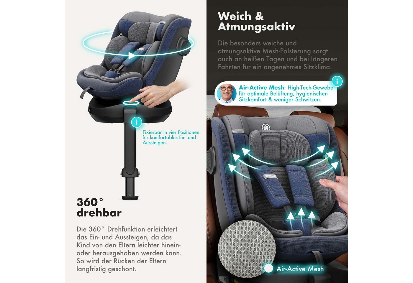 Daliya® Autokindersitz BRAVO i-Size Auto-Kindersitz, 360° drehbar, mitwachsend, atmungsaktiv, ab: ab Geburt, bis: bis 12 Jahre, ab: 40 cm, bis: 150 cm, (Neugebo – Bild 3 von 5
