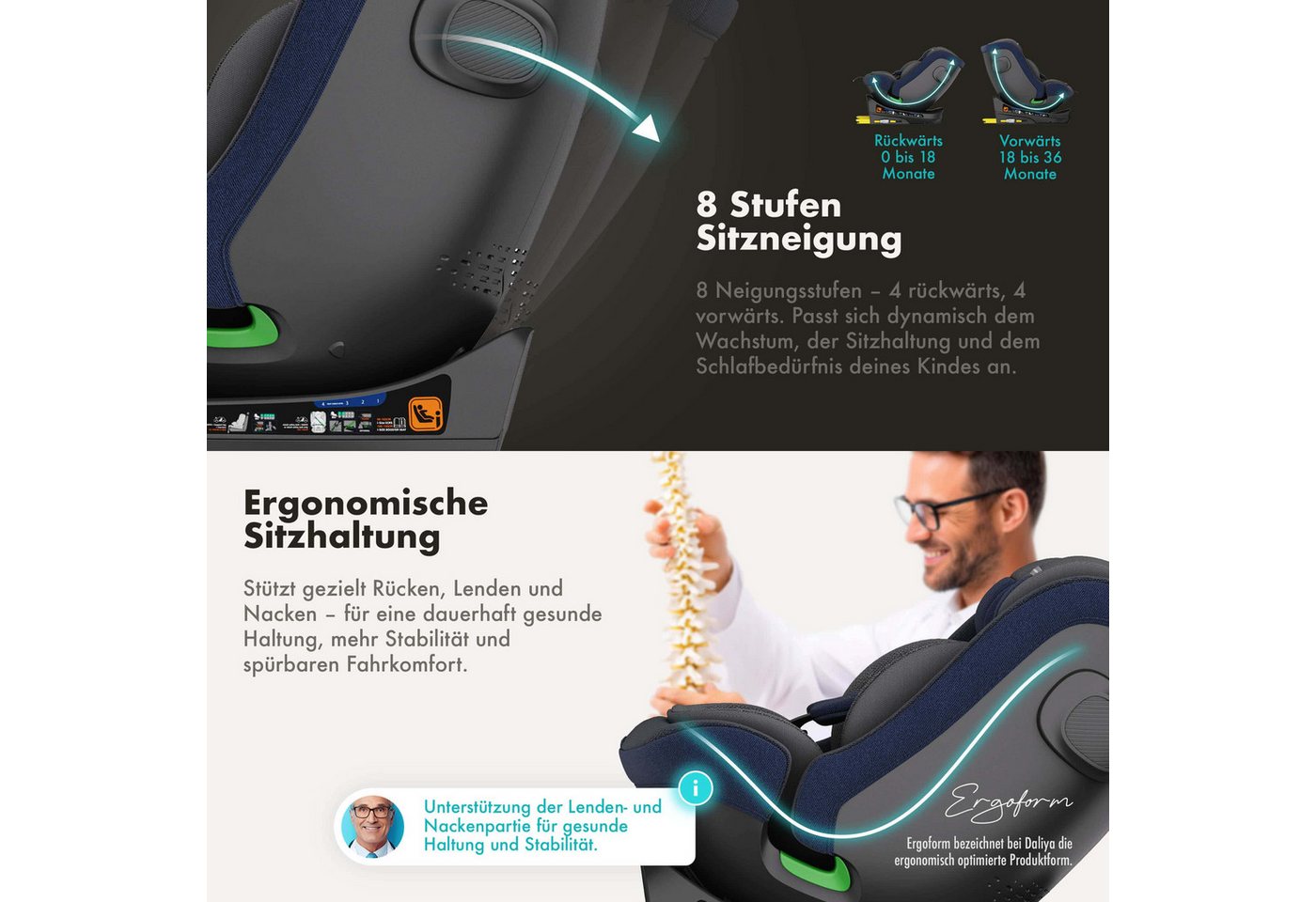 Daliya® Autokindersitz BRAVO i-Size Auto-Kindersitz, 360° drehbar, mitwachsend, atmungsaktiv, ab: ab Geburt, bis: bis 12 Jahre, ab: 40 cm, bis: 150 cm, (Neugebo – Bild 4 von 5
