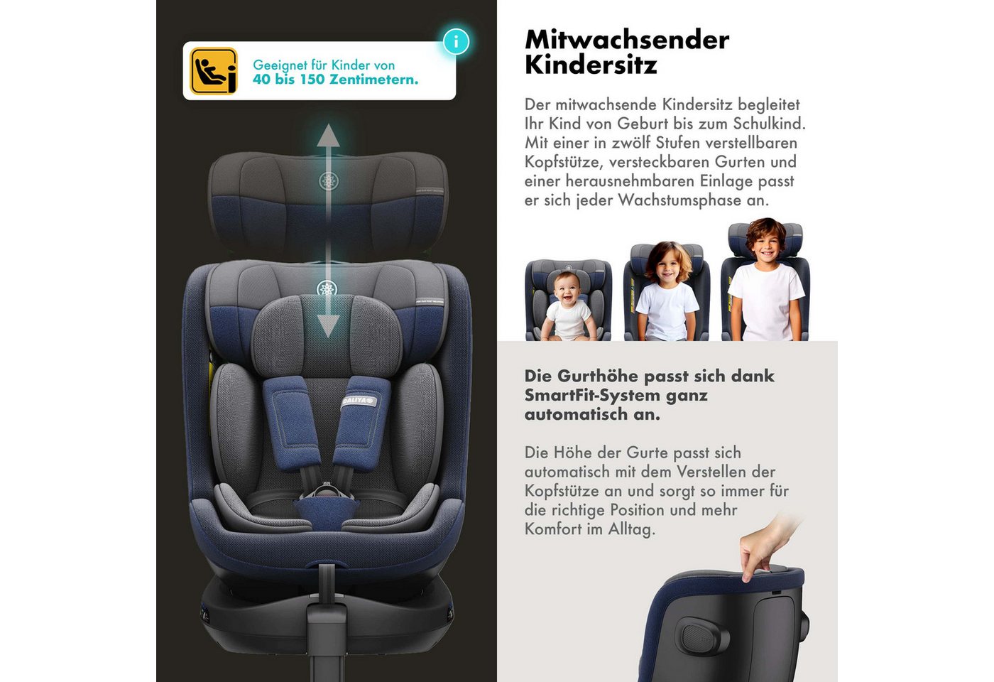 Daliya® Autokindersitz BRAVO i-Size Auto-Kindersitz, 360° drehbar, mitwachsend, atmungsaktiv, ab: ab Geburt, bis: bis 12 Jahre, ab: 40 cm, bis: 150 cm, (Neugebo – Bild 5 von 5