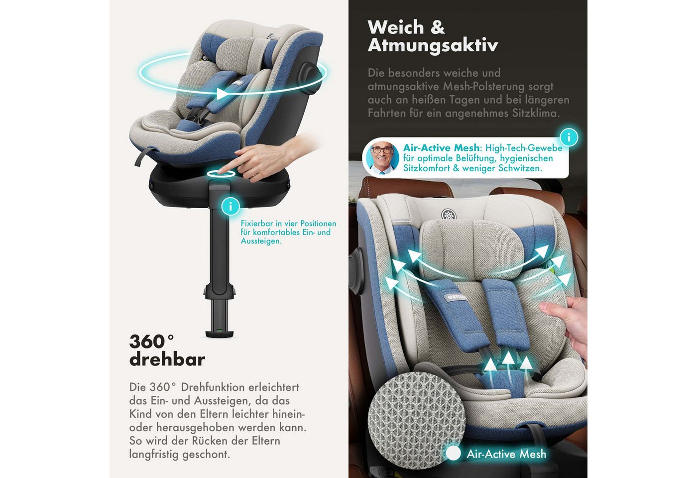 Daliya® Autokindersitz BRAVO i-Size Auto-Kindersitz, 360° drehbar, mitwachsend, atmungsaktiv, ab: ab Geburt, bis: bis 12 Jahre, ab: 40 cm, bis: 150 cm, (Neugebo – Bild 3 von 5