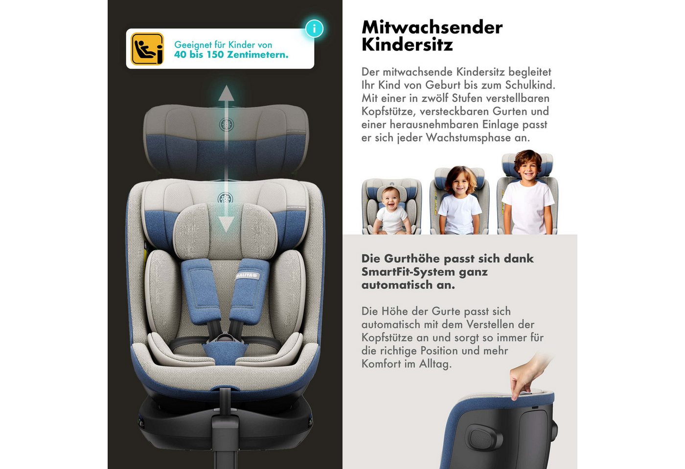 Daliya® Autokindersitz BRAVO i-Size Auto-Kindersitz, 360° drehbar, mitwachsend, atmungsaktiv, ab: ab Geburt, bis: bis 12 Jahre, ab: 40 cm, bis: 150 cm, (Neugebo – Bild 5 von 5