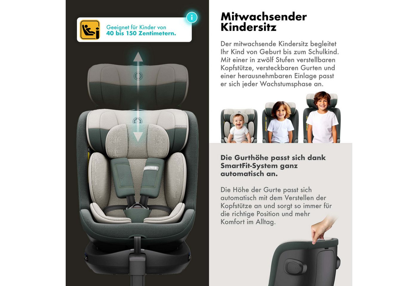Daliya® Autokindersitz BRAVO i-Size Auto-Kindersitz, 360° drehbar, mitwachsend, atmungsaktiv, ab: ab Geburt, bis: bis 12 Jahre, ab: 40 cm, bis: 150 cm, (Neugebo – Bild 5 von 5