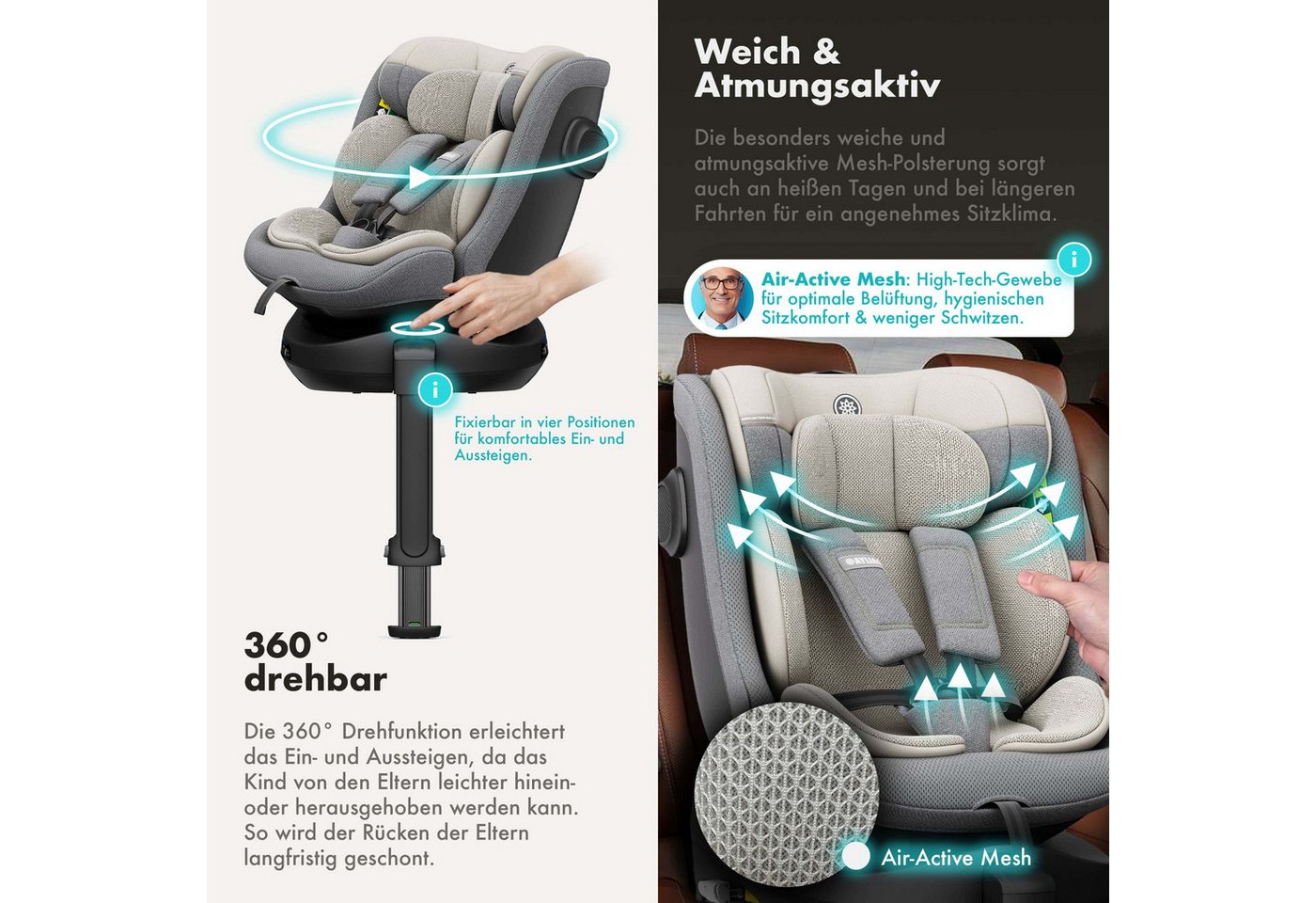 Daliya® Autokindersitz BRAVO i-Size Auto-Kindersitz, 360° drehbar, mitwachsend, atmungsaktiv, ab: ab Geburt, bis: bis 12 Jahre, ab: 40 cm, bis: 150 cm, (Neugebo – Bild 3 von 5