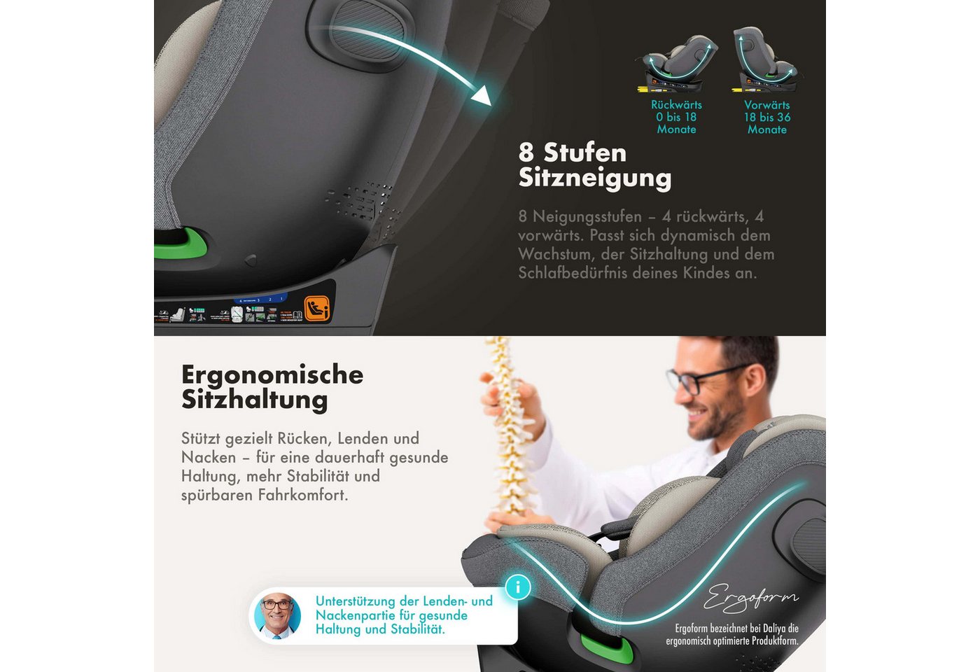 Daliya® Autokindersitz BRAVO i-Size Auto-Kindersitz, 360° drehbar, mitwachsend, atmungsaktiv, ab: ab Geburt, bis: bis 12 Jahre, ab: 40 cm, bis: 150 cm, (Neugebo – Bild 4 von 5