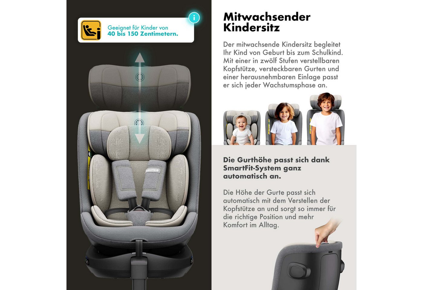 Daliya® Autokindersitz BRAVO i-Size Auto-Kindersitz, 360° drehbar, mitwachsend, atmungsaktiv, ab: ab Geburt, bis: bis 12 Jahre, ab: 40 cm, bis: 150 cm, (Neugebo – Bild 5 von 5