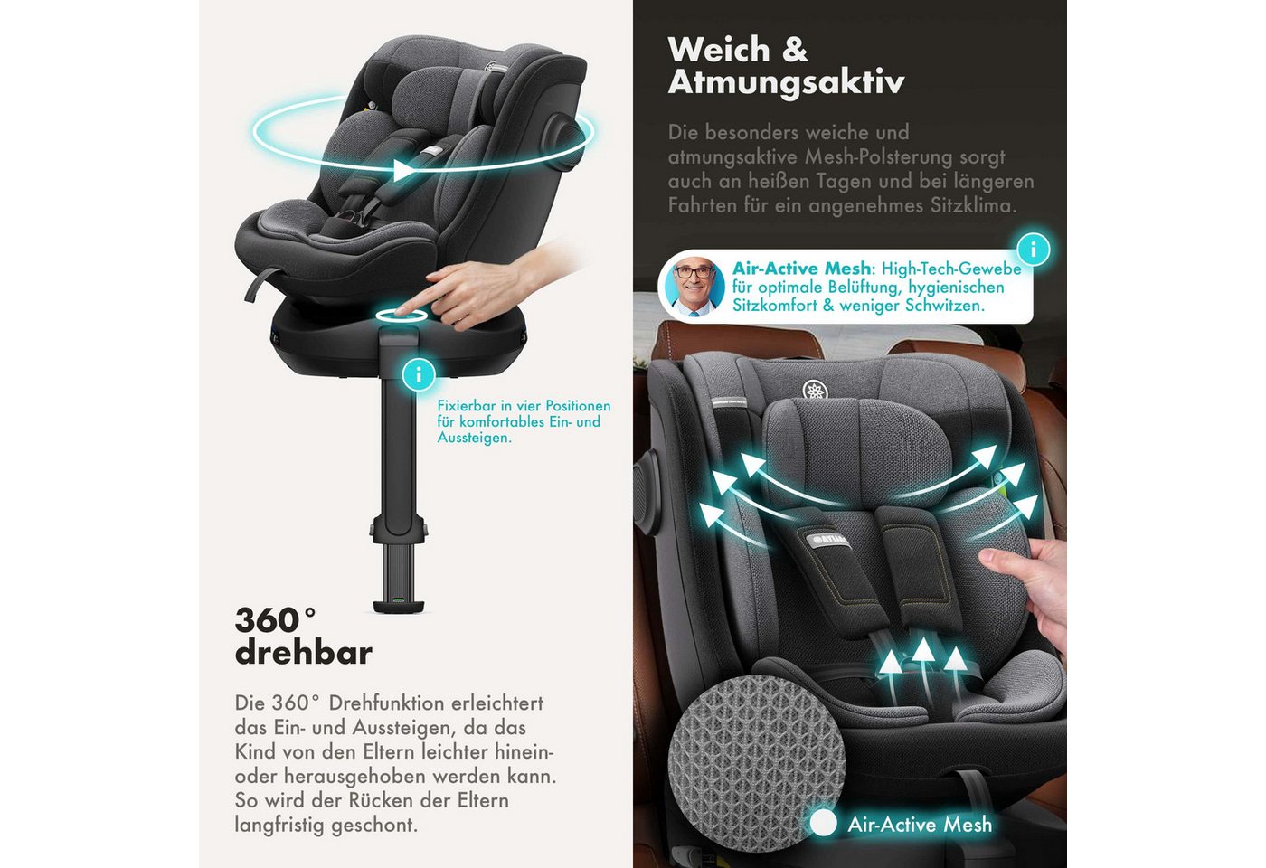 Daliya® Autokindersitz BRAVO i-Size Auto-Kindersitz, 360° drehbar, mitwachsend, atmungsaktiv, ab: ab Geburt, bis: bis 12 Jahre, ab: 40 cm, bis: 150 cm, (Neugebo – Bild 3 von 5