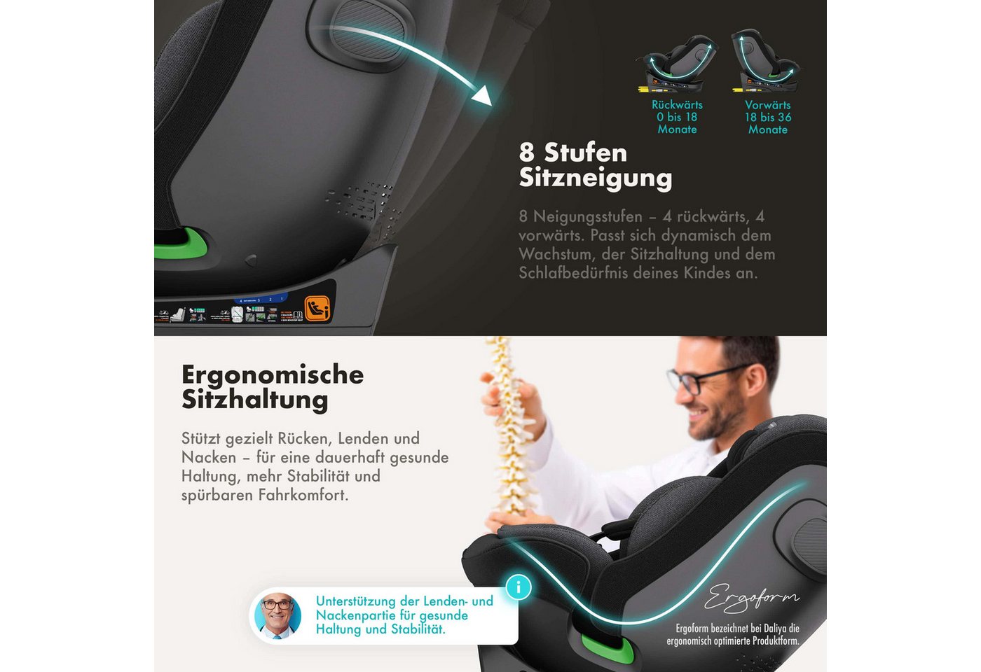 Daliya® Autokindersitz BRAVO i-Size Auto-Kindersitz, 360° drehbar, mitwachsend, atmungsaktiv, ab: ab Geburt, bis: bis 12 Jahre, ab: 40 cm, bis: 150 cm, (Neugebo – Bild 4 von 5