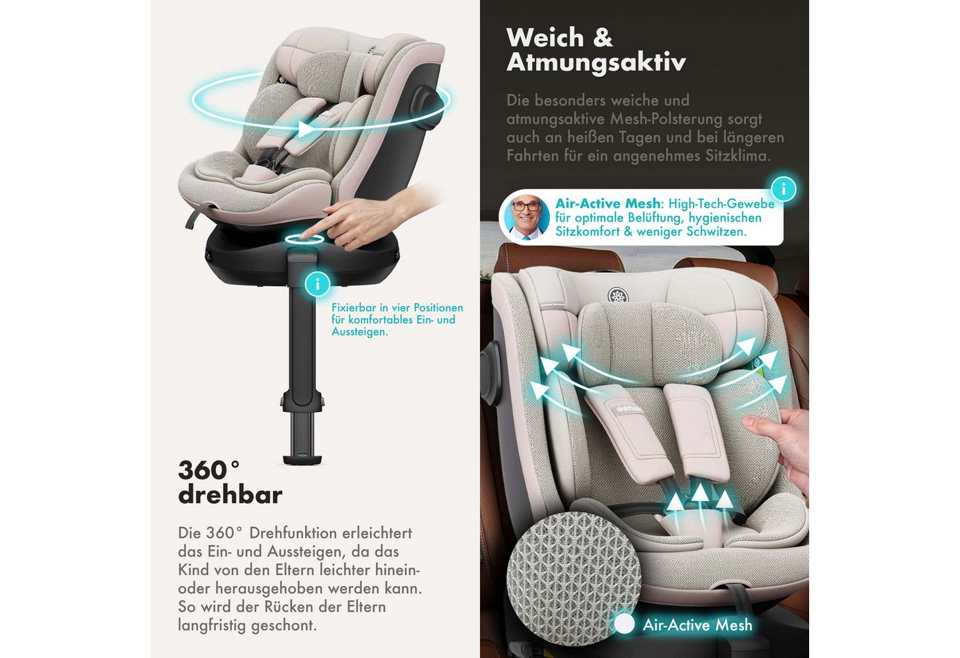 Daliya® Autokindersitz BRAVO i-Size Auto-Kindersitz, 360° drehbar, mitwachsend, atmungsaktiv, ab: ab Geburt, bis: bis 12 Jahre, ab: 40 cm, bis: 150 cm, (Neugebo – Bild 3 von 5