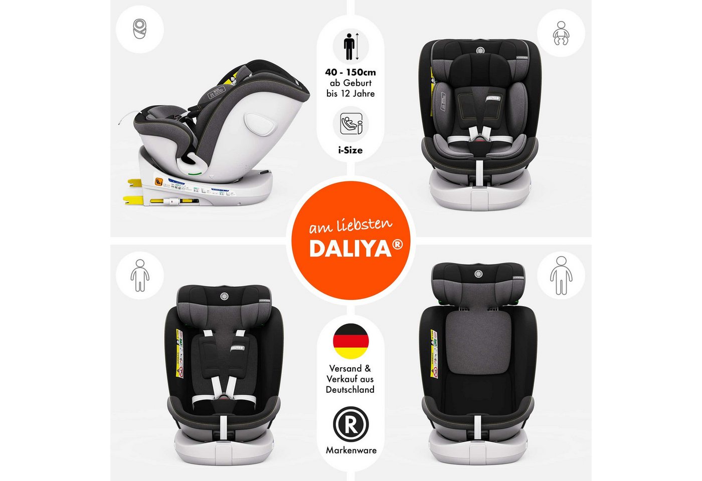 Daliya® Autokindersitz ROTAZIONE Kindersitz, Autositz, Kinderautositz, Babyschale, ab: ab Geburt, bis: bis 12 Jahre, ab: 40 cm, bis: 150 cm, 8-stufige Sitzneigu – Bild 2 von 5