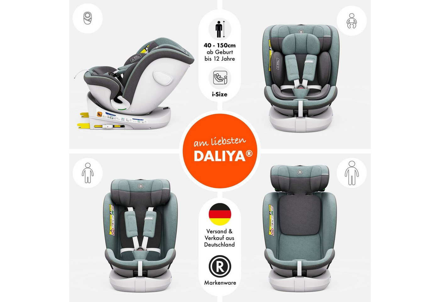 Daliya® Autokindersitz ROTAZIONE Kindersitz, Autositz, Kinderautositz, Babyschale, ab: ab Geburt, bis: bis 12 Jahre, ab: 40 cm, bis: 150 cm, 8-stufige Sitzneigu – Bild 2 von 5