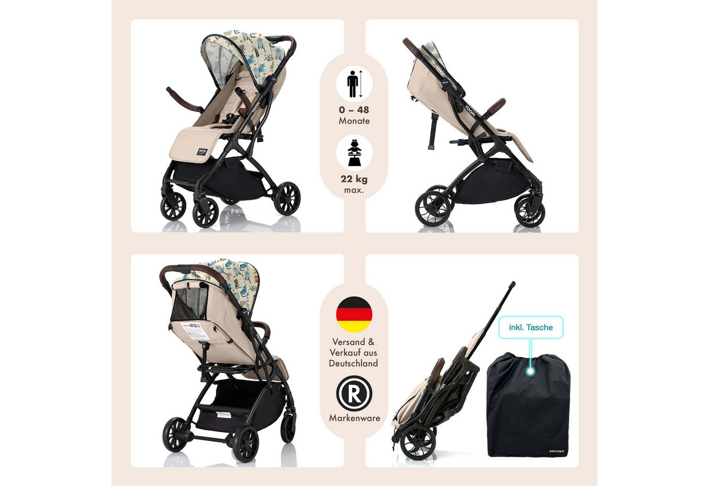 Daliya® Kinder-Buggy YOOPI Reisebuggy, kompakt faltbar, mit Teleskopgriff, Flugzeug Buggy, Stadt-Buggy, Reisebuggy, faltbar, Alurahmen, sicher, gefederte Räder – Bild 2 von 5
