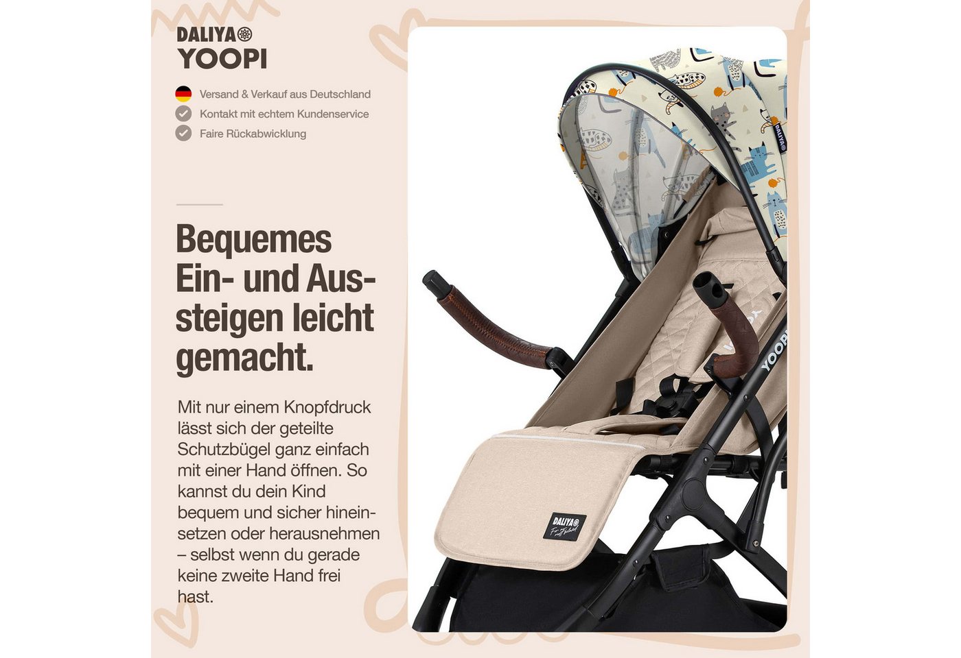 Daliya® Kinder-Buggy YOOPI Reisebuggy, kompakt faltbar, mit Teleskopgriff, Flugzeug Buggy, Stadt-Buggy, Reisebuggy, faltbar, Alurahmen, sicher, gefederte Räder – Bild 3 von 5