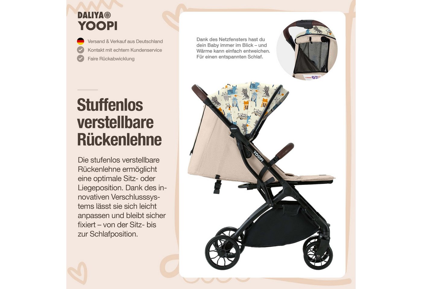 Daliya® Kinder-Buggy YOOPI Reisebuggy, kompakt faltbar, mit Teleskopgriff, Flugzeug Buggy, Stadt-Buggy, Reisebuggy, faltbar, Alurahmen, sicher, gefederte Räder – Bild 4 von 5
