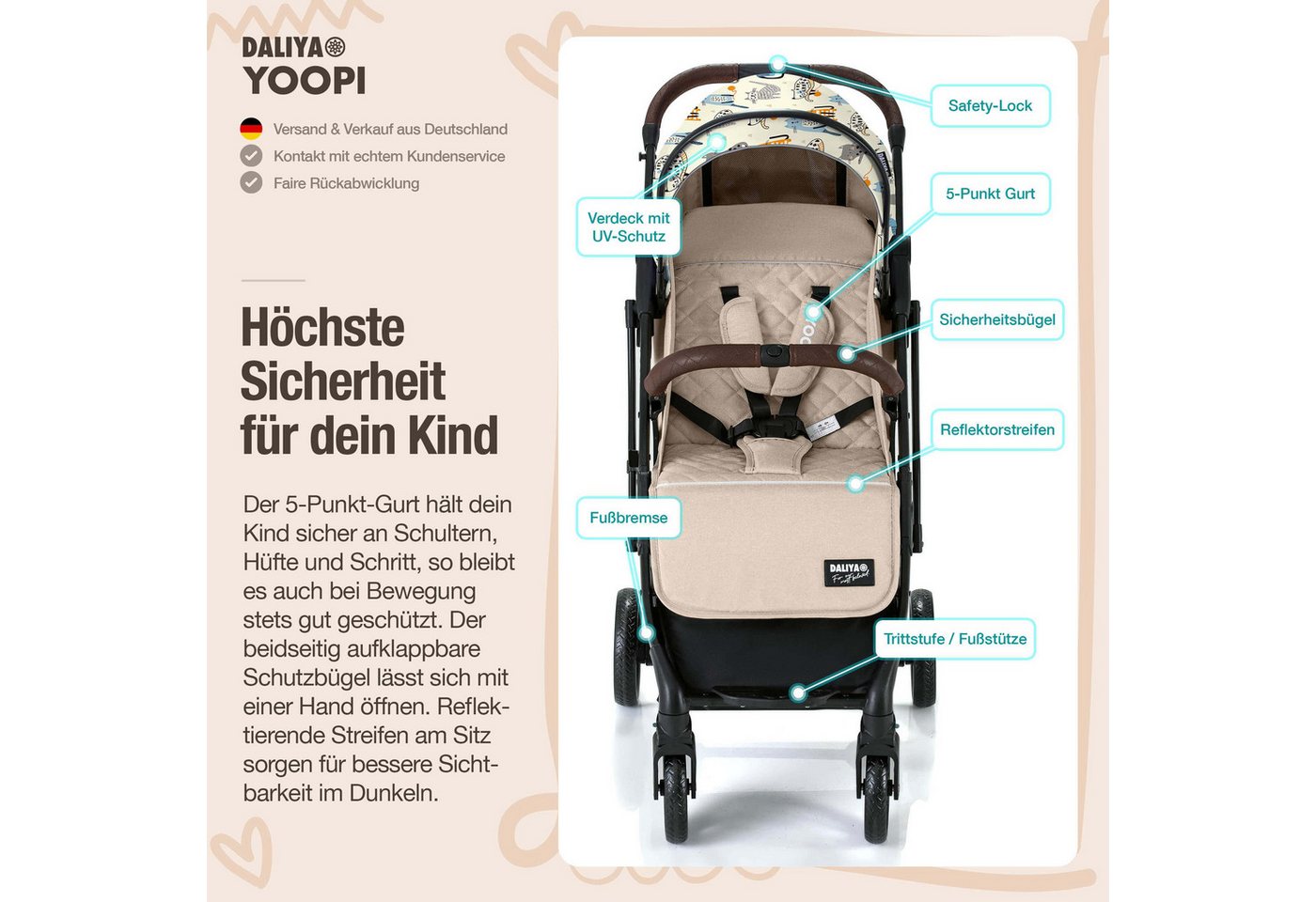 Daliya® Kinder-Buggy YOOPI Reisebuggy, kompakt faltbar, mit Teleskopgriff, Flugzeug Buggy, Stadt-Buggy, Reisebuggy, faltbar, Alurahmen, sicher, gefederte Räder – Bild 5 von 5