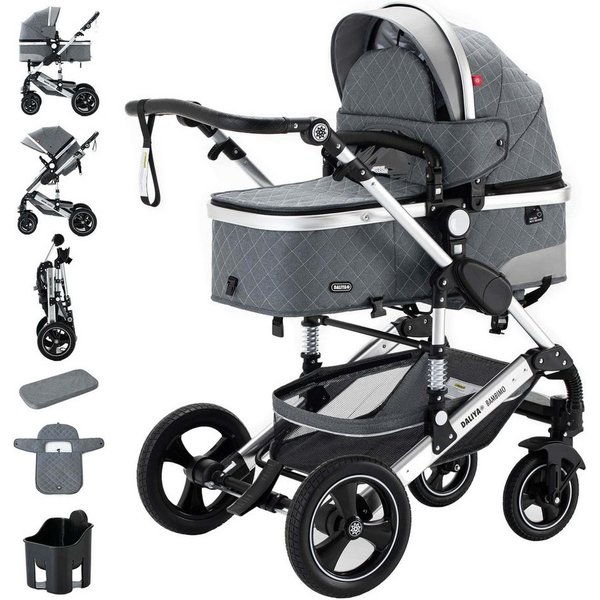 Daliya® Kombi-Kinderwagen BAMBIMO 2in1 Kinderwagen & Buggy, Babywanne und Sportsitz, Alu-Rahmen, (Grundausstattung für Babys, 9-tlg), Großer Einkaufskorb, Feder