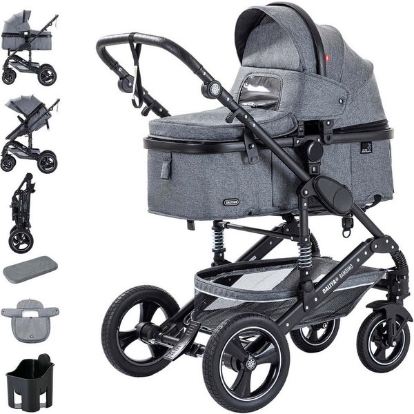 Daliya® Kombi-Kinderwagen BAMBIMO 2in1 Kinderwagen & Buggy, Babywanne und Sportsitz, Alu-Rahmen, (Grundausstattung für Babys, 9-tlg), Großer Einkaufskorb, Feder