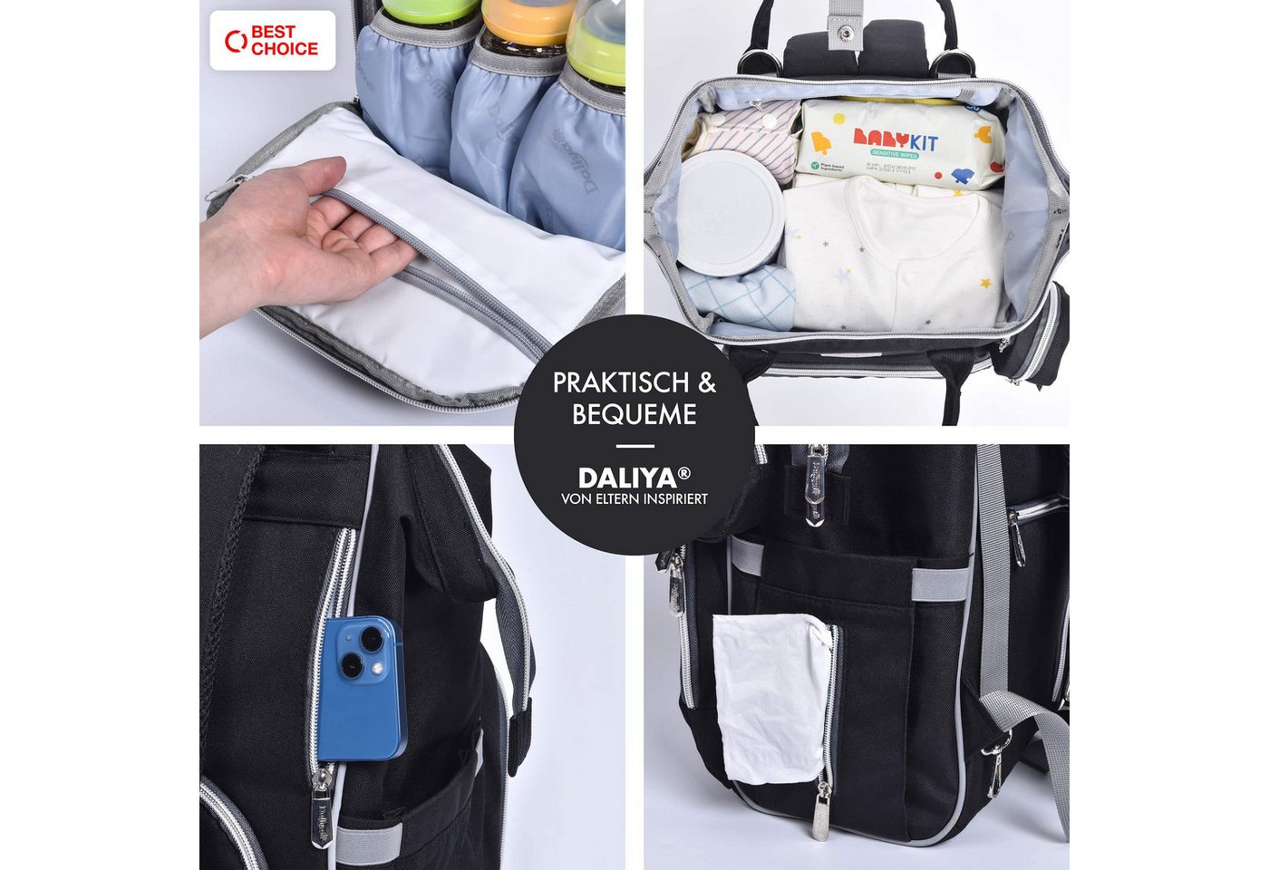 Daliya® Wickeltasche PAKMI Wickelrucksack, Kinderwagentaschen, Mamabag (Set, 5-tlg., Befestigungsriemen), Thermofächer, Schnuller Aufbewahrung, Wickelunterlage, – Bild 3 von 5