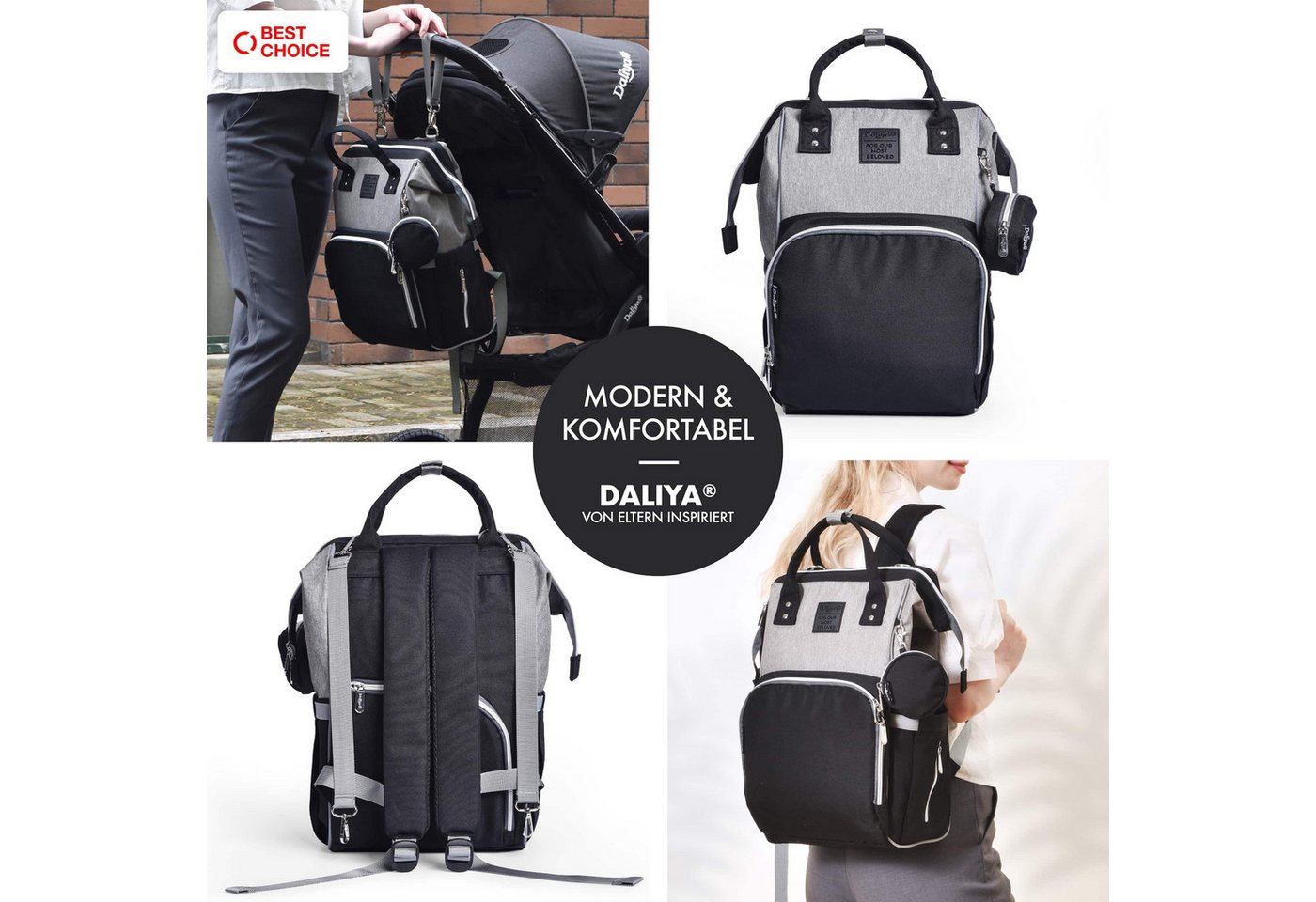 Daliya® Wickeltasche PAKMI Wickelrucksack, Kinderwagentaschen, Mamabag (Set, 5-tlg., Befestigungsriemen), Thermofächer, Schnuller Aufbewahrung, Wickelunterlage, – Bild 2 von 5