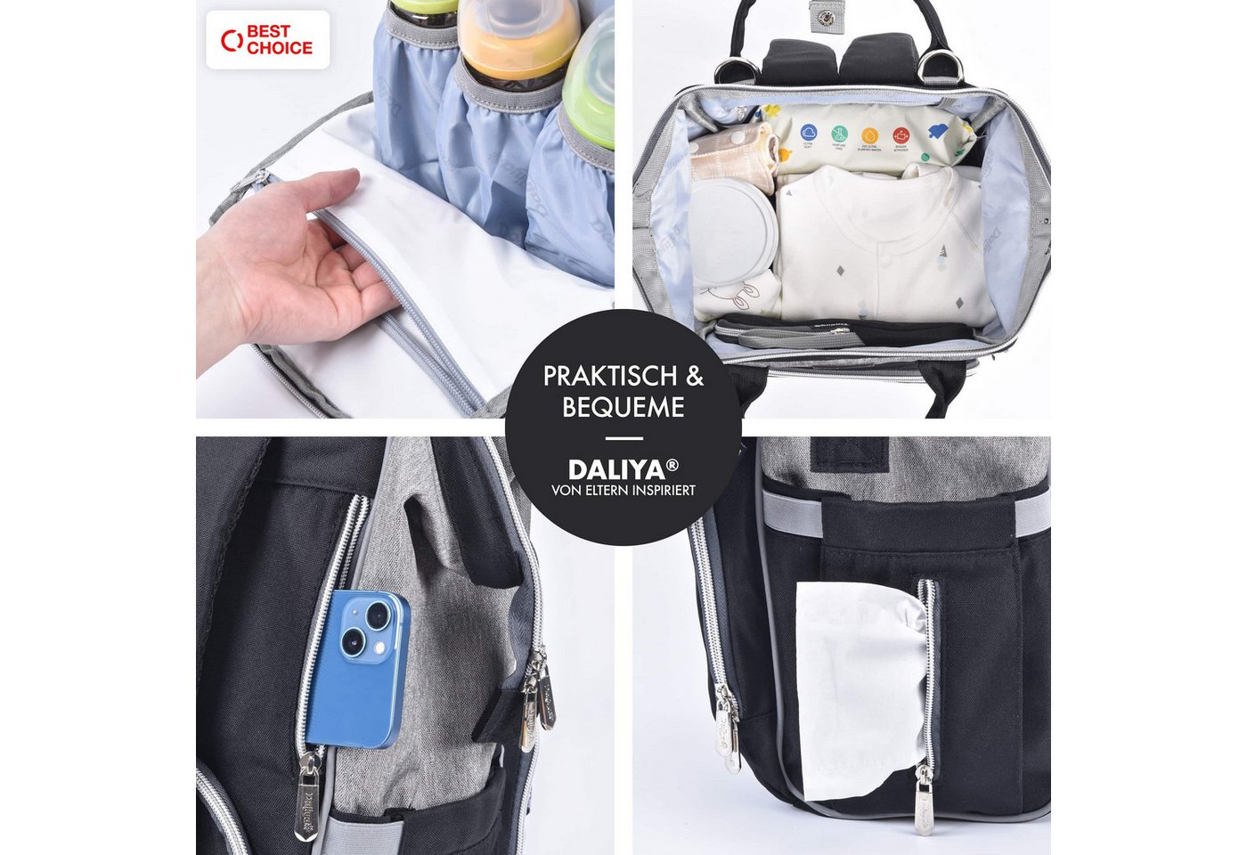 Daliya® Wickeltasche PAKMI Wickelrucksack, Kinderwagentaschen, Mamabag (Set, 5-tlg., Befestigungsriemen), Thermofächer, Schnuller Aufbewahrung, Wickelunterlage, – Bild 3 von 5