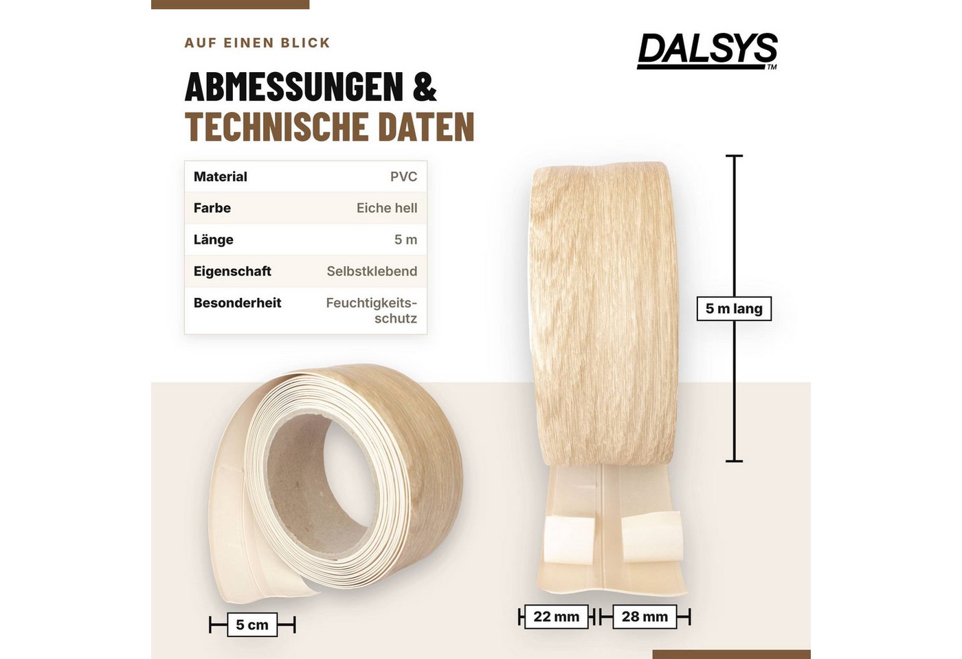 Dalsys Sockelleiste, L: 500 cm, Weichsockelleiste selbstklebend, 1-St., Klebeleiste, Abschlussleiste für Fugen in Wohnbereich, Küche, Bad – Bild 2 von 5