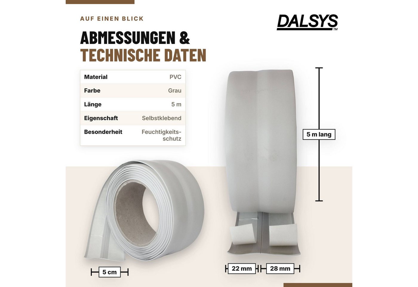 Dalsys Sockelleiste, L: 500 cm, Weichsockelleiste selbstklebend, 1-St., Klebeleiste, Abschlussleiste für Fugen in Wohnbereich, Küche, Bad – Bild 2 von 5