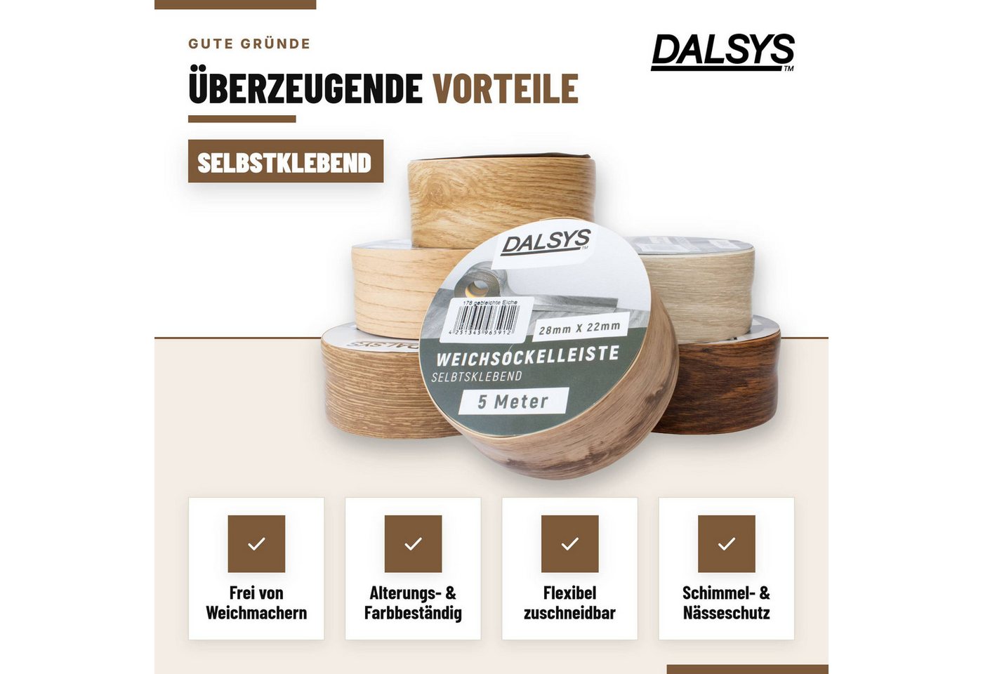 Dalsys Sockelleiste, L: 500 cm, Weichsockelleiste selbstklebend, 1-St., Klebeleiste, Abschlussleiste für Fugen in Wohnbereich, Küche, Bad – Bild 3 von 5