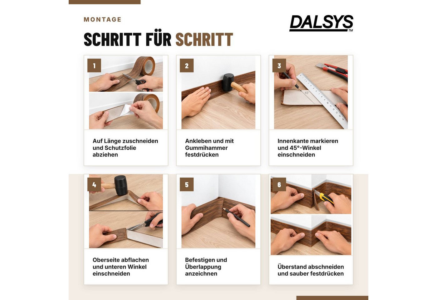 Dalsys Sockelleiste, L: 500 cm, Weichsockelleiste selbstklebend, 1-St., Klebeleiste, Abschlussleiste für Fugen in Wohnbereich, Küche, Bad – Bild 4 von 5