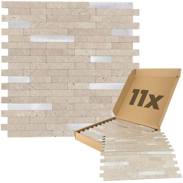 Dalsys Wandpaneel 1m² 11 Stück selbstklebend, BxL: 29.8x29.2 cm, (Sand Silber Steinoptik, dünne Stübe, 11-tlg., Wandfliese) feuchtigskeitsbeständig, einfach mon