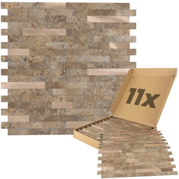 Dalsys Wandpaneel 1m² 11 Stück selbstklebend, BxL: 29.8x29.2 cm, (Beige Gold Steinoptik, dünne Stübe, 11-tlg., Wandfliese) feuchtigskeitsbeständig, einfach mont