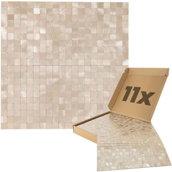 Dalsys Wandpaneel 1m² 11 Stück selbstklebend, BxL: 30.6x30.6 cm, (Aluoptik Gold / Champagne Mosaikfliesen, 11-tlg., Wandfliese) feuchtigskeitsbeständig, einfach
