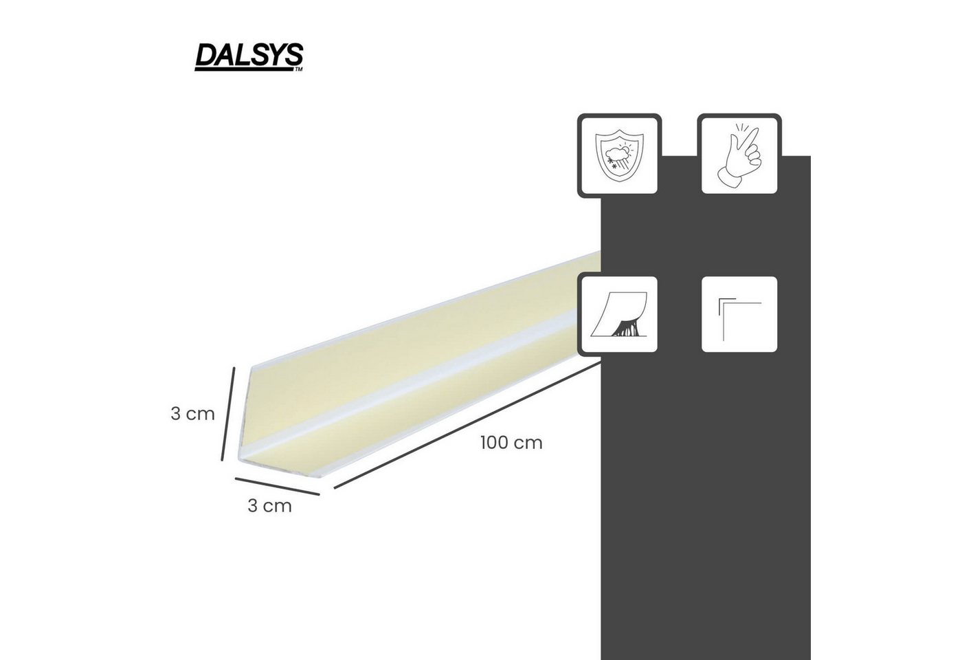 Dalsys Winkelprofil (Winkelprofil selbstklebend PVC 30x30mm, 100cm Weiß Eckschutzprofil, 1-St., Eckleiste, hoher Kantenschutz Wand), für Wohn- und Arbeitsbereic – Bild 2 von 5