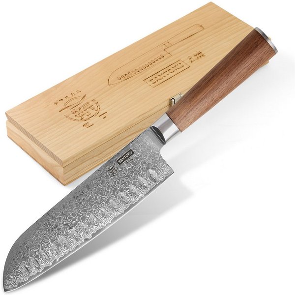 HITOFURI® Damastmesser HITOFURI® SANTOKU Damaskusmesser Universalmesser Premium Messer 73Lag., inkl. einer edlen Holzbox, Messerscheide, Pflegetuch sowie Pflege