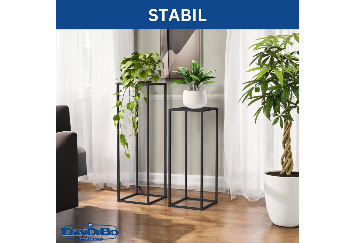 DanDiBo Blumenhocker Metall Schwarz Eckig 2er Set 96587 Beistelltisch Hoch Pflanzenständer, Blumenhocker Design Modern – Bild 4 von 5