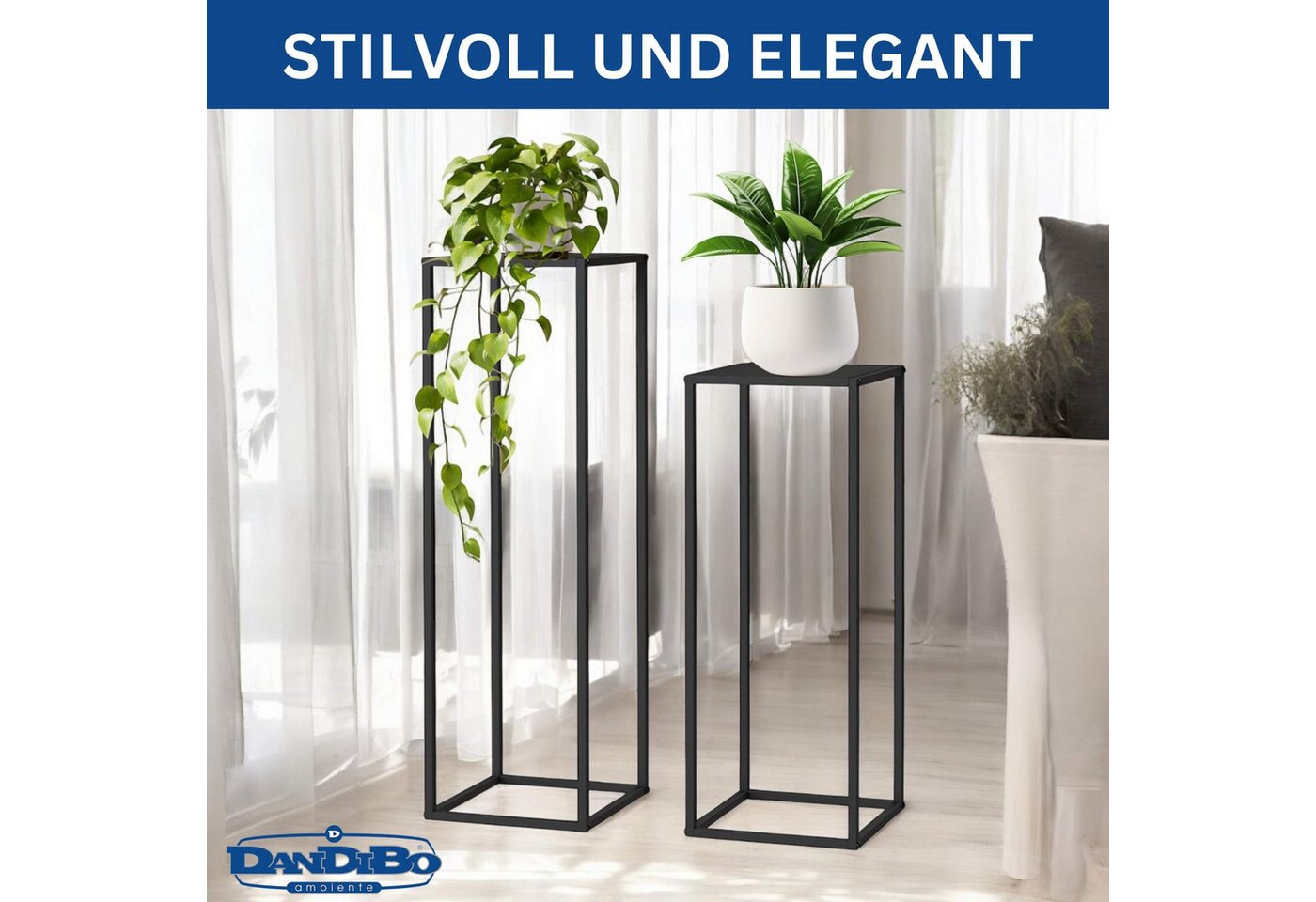DanDiBo Blumenhocker Metall Schwarz Eckig 2er Set 96587 Beistelltisch Hoch Pflanzenständer, Blumenhocker Design Modern – Bild 5 von 5
