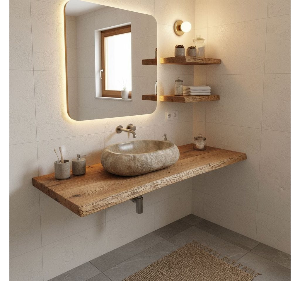DaoWood Waschtischplatte Waschtischplatte Massive Eiche Alt Holz Braun Cognac – Bild 3 von 5