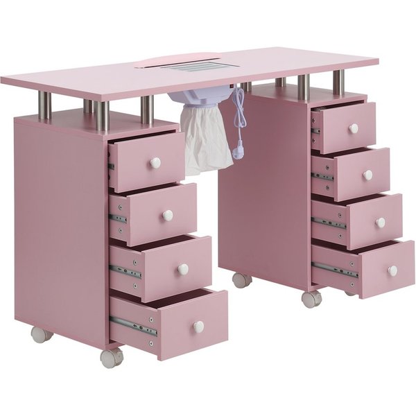 DARDVORLAG Arbeitstisch Profi Maniküretisch, Nageltisch mit Absaugung und 8 Schublade, leicht zu wischen, 119×45×78.5cm, Rosa