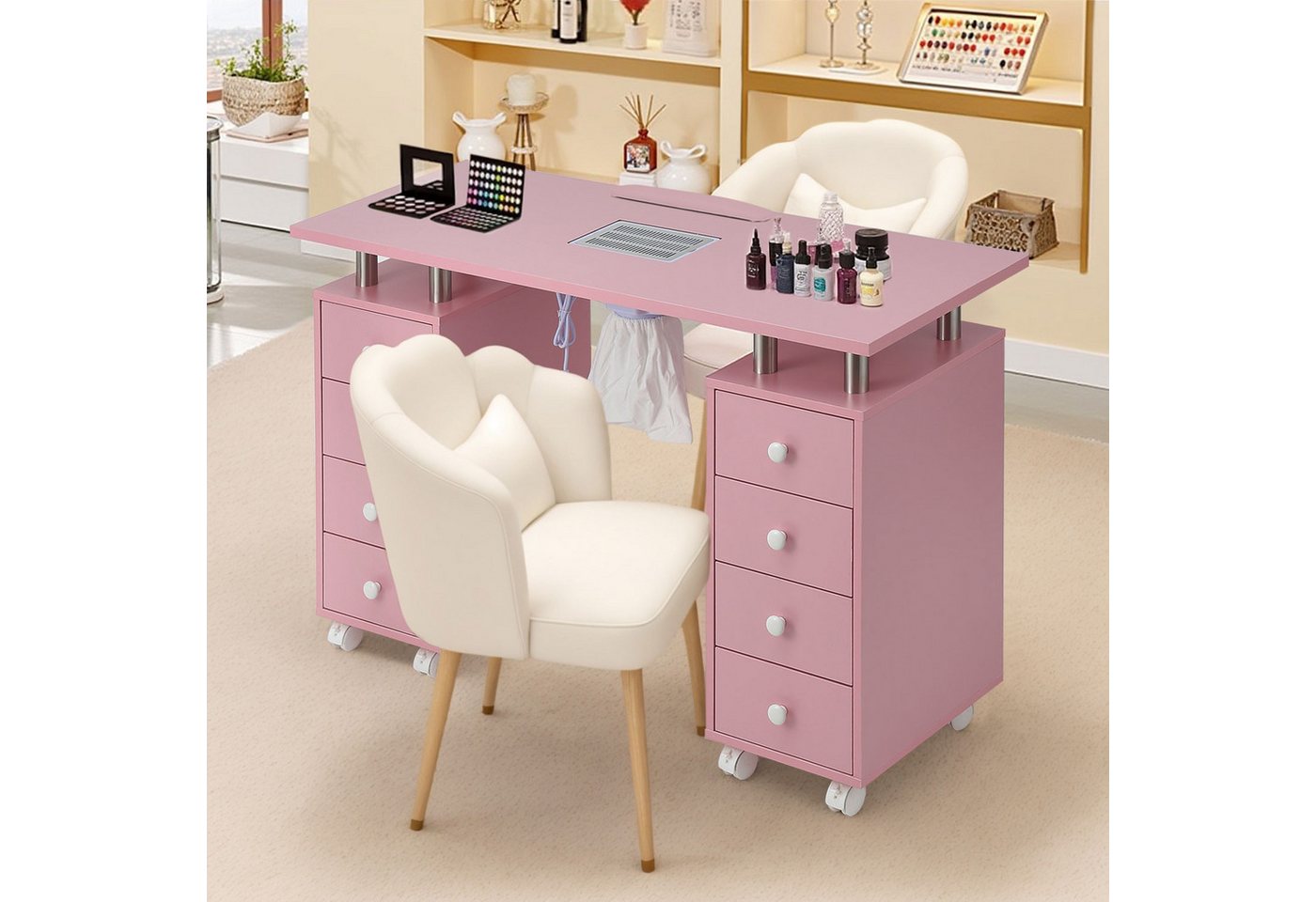 DARDVORLAG Arbeitstisch Profi Maniküretisch, Nageltisch mit Absaugung und 8 Schublade, leicht zu wischen, 119×45×78.5cm, Rosa – Bild 2 von 5