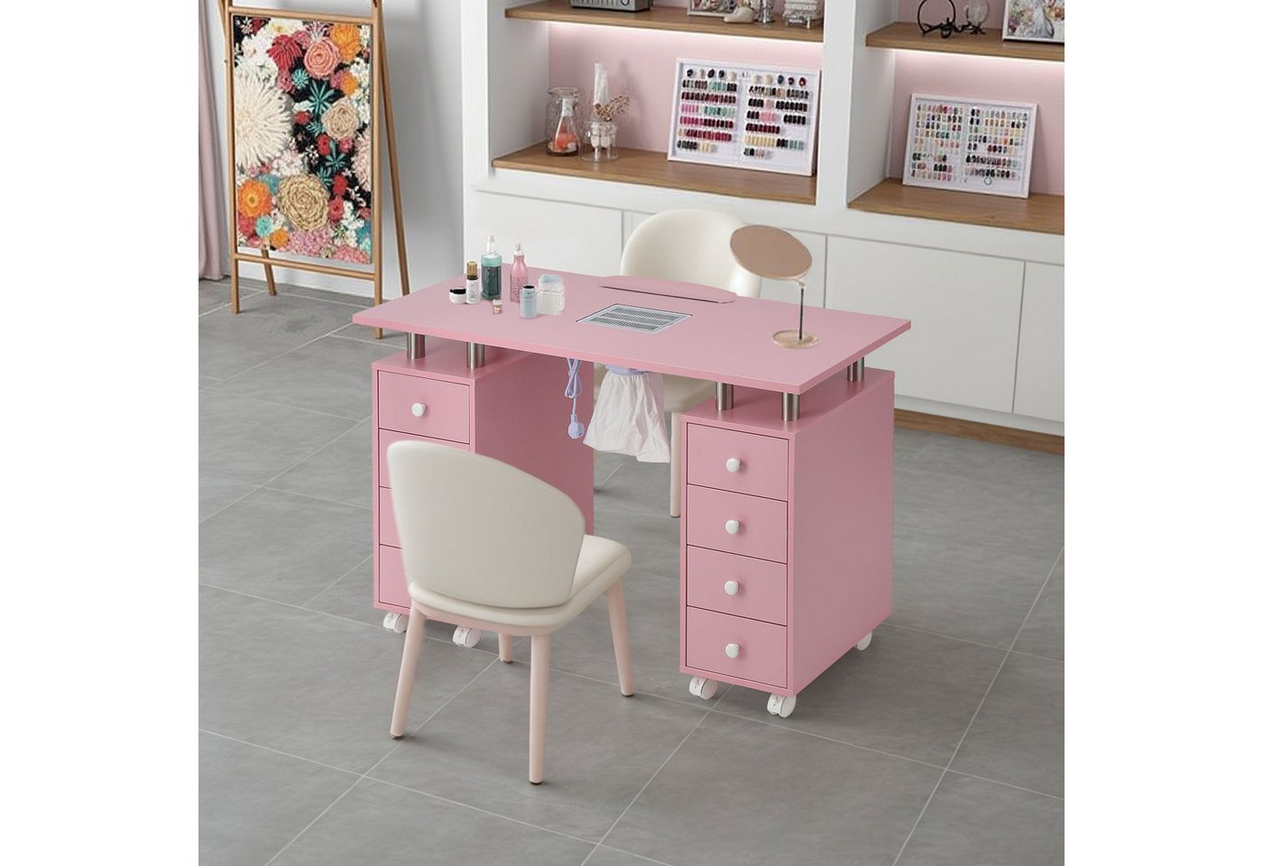 DARDVORLAG Arbeitstisch Profi Maniküretisch, Nageltisch mit Absaugung und 8 Schublade, leicht zu wischen, 119×45×78.5cm, Rosa – Bild 3 von 5