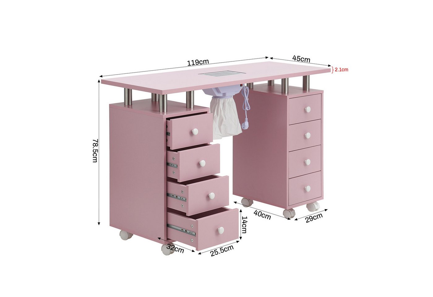 DARDVORLAG Arbeitstisch Profi Maniküretisch, Nageltisch mit Absaugung und 8 Schublade, leicht zu wischen, 119×45×78.5cm, Rosa – Bild 4 von 5