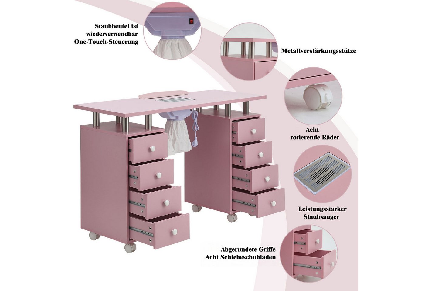 DARDVORLAG Arbeitstisch Profi Maniküretisch, Nageltisch mit Absaugung und 8 Schublade, leicht zu wischen, 119×45×78.5cm, Rosa – Bild 5 von 5