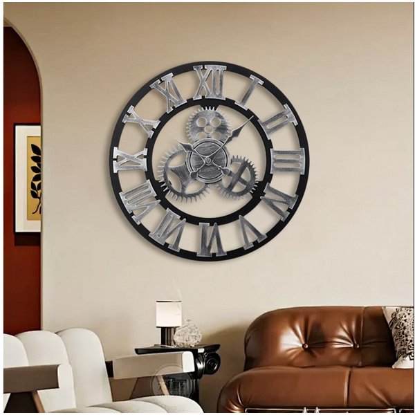 DARDVORLAG Wanduhr Dekouhr, Küchenuhr mit Metall römischen Ziffern + Holzzifferblatt (mit großem Rahmen, schwarz)