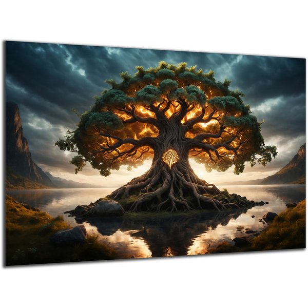 DARO Design Leinwandbild Modern Abstrakt Wandbilder XXL Wandbild Wand Deko Leinwand Bilder, (Yggdrasil im Wasser - Bild groß Wohnzimmer Schlafzimmer Küche Esszi