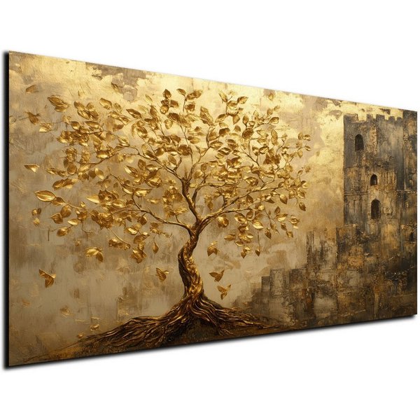 DARO Design Leinwandbild Modern Abstrakt Wandbilder XXL Wandbild Wand Deko Leinwand Bilder, (Baum goldene Blätter- Bild groß Wohnzimmer Schlafzimmer Küche Esszi