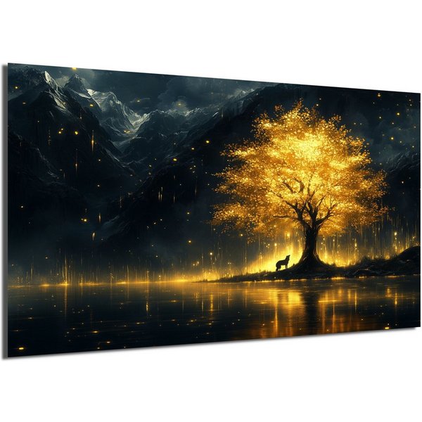 DARO Design Leinwandbild Modern Abstrakt Wandbilder XXL Wandbild Wand Deko Leinwand Bilder, (Wolf am goldenen Baum - Bild groß Wohnzimmer Esszimmer Schlafzimmer