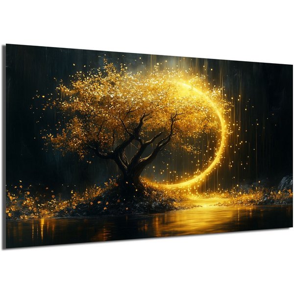 DARO Design Leinwandbild Modern Abstrakt Wandbilder XXL Wandbild Wand Deko Leinwand Bilder, (Bäume mit goldenem Mond - Bild groß Wohnzimmer Schlafzimmer Küche E