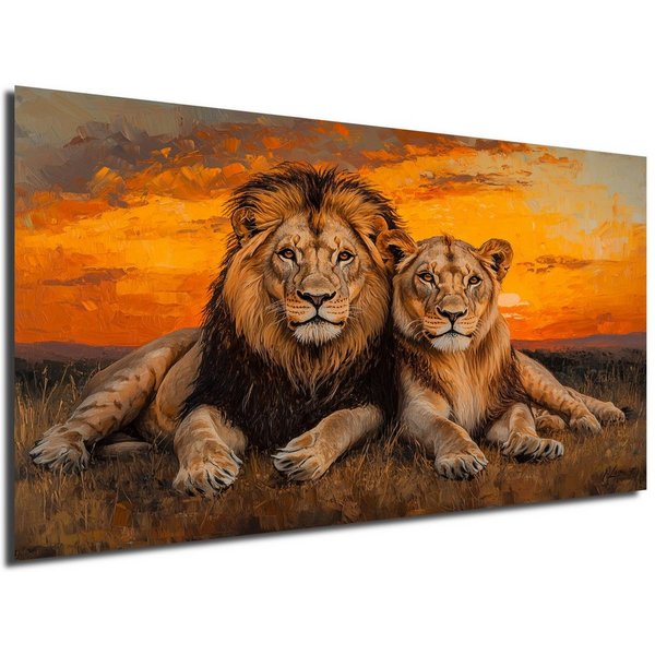 DARO Design Leinwandbild Modern Abstrakt Wandbilder XXL Wandbild Wand Deko Leinwand Bilder, (Löwenpaar Sonnenuntergang - Bild groß Wohnzimmer Schlafzimmer Küche