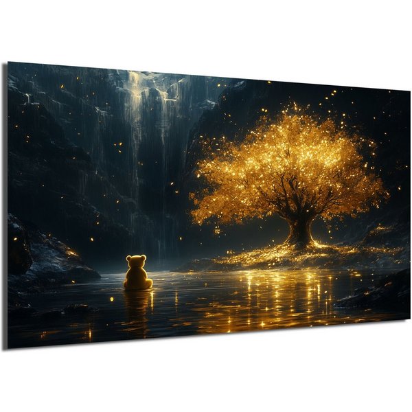 DARO Design Leinwandbild Modern Abstrakt Wandbilder XXL Wandbild Wand Deko Leinwand Bilder, (Teddy am goldenen Baum - Bild groß Wohnzimmer Esszimmer Schlafzimme