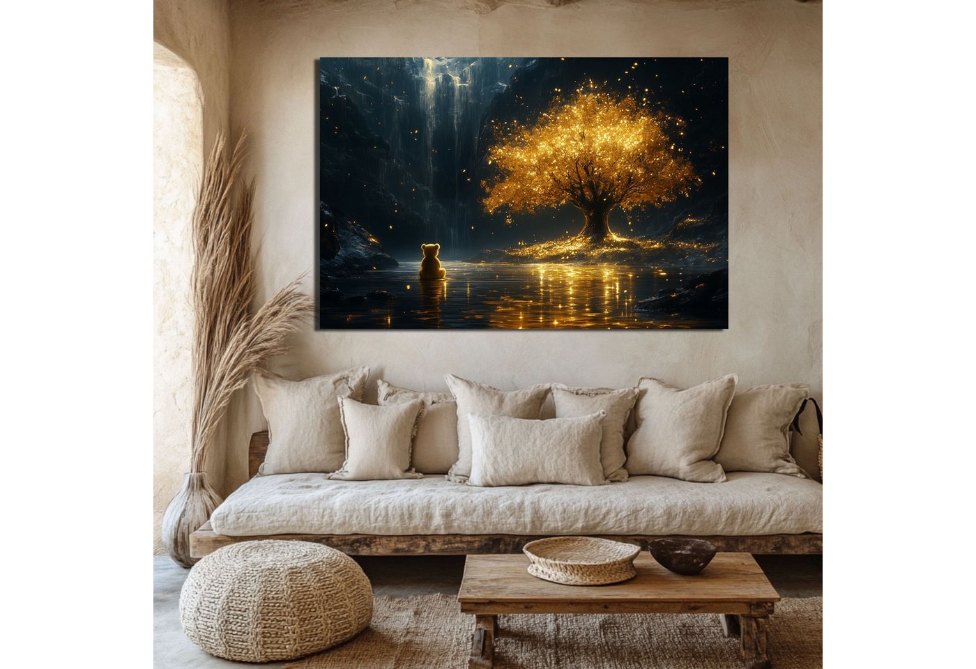 DARO Design Leinwandbild Modern Abstrakt Wandbilder XXL Wandbild Wand Deko Leinwand Bilder, (Teddy am goldenen Baum - Bild groß Wohnzimmer Esszimmer Schlafzimme – Bild 2 von 5
