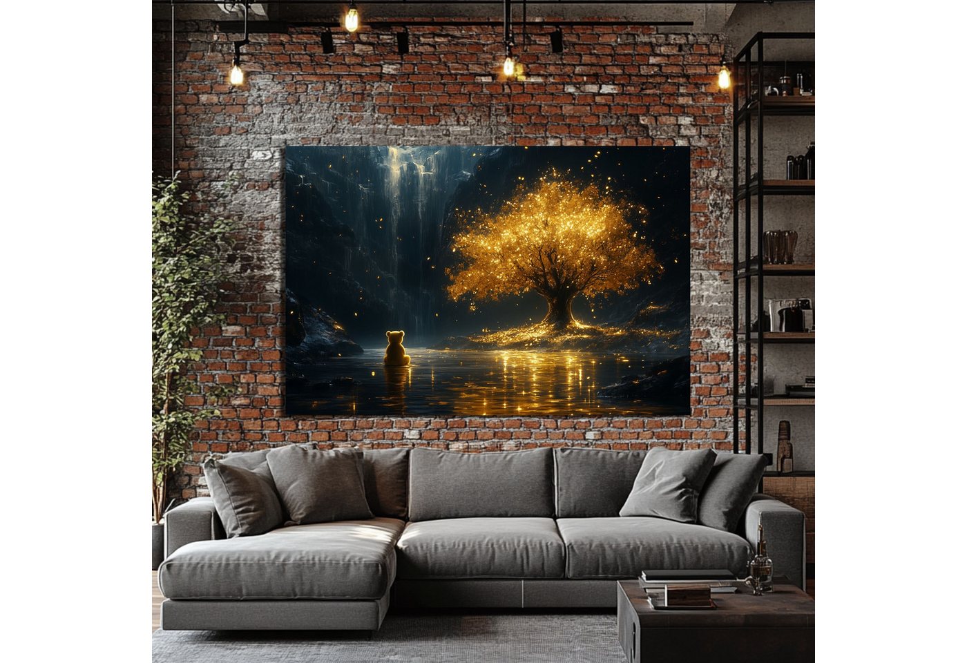 DARO Design Leinwandbild Modern Abstrakt Wandbilder XXL Wandbild Wand Deko Leinwand Bilder, (Teddy am goldenen Baum - Bild groß Wohnzimmer Esszimmer Schlafzimme – Bild 5 von 5